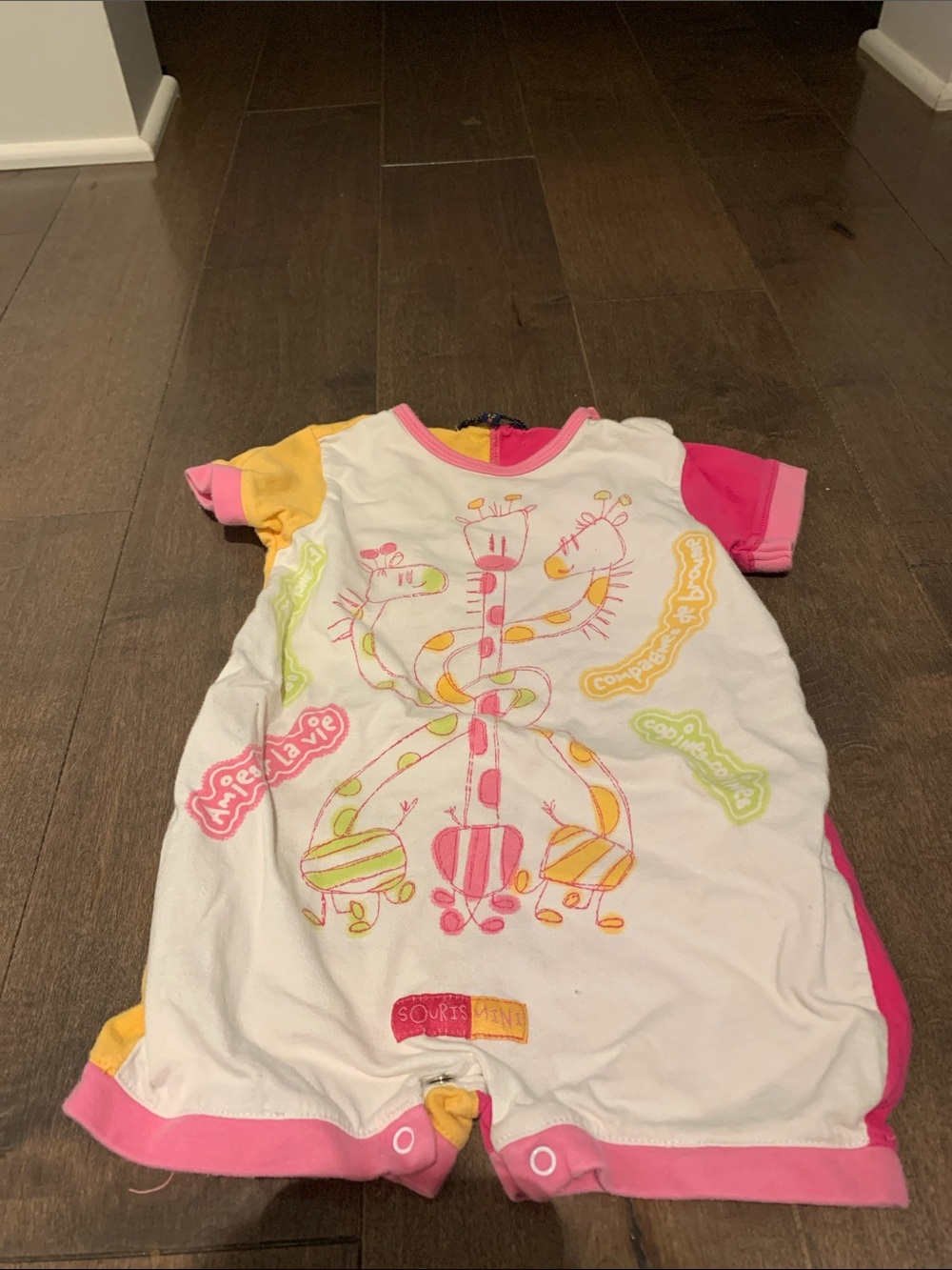 Souris Mini 12m Pink & White Giraffe Print Baby One-Piece